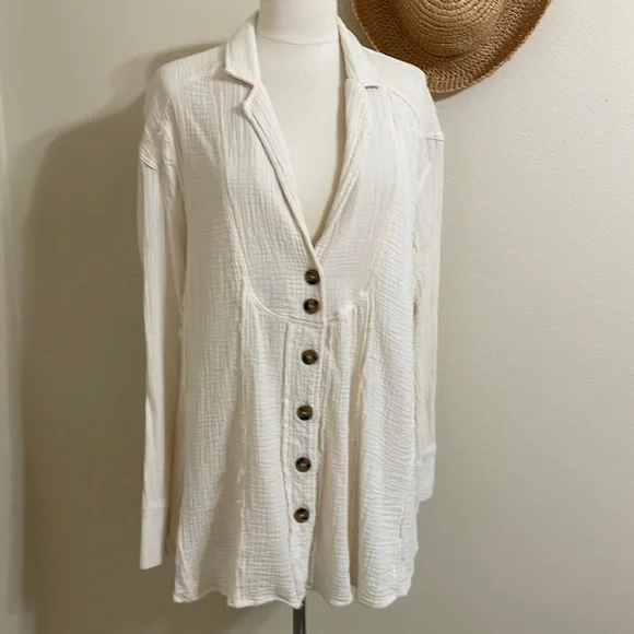 Free People cream crinkle gauze long sleeve top - Picture 2 of 11